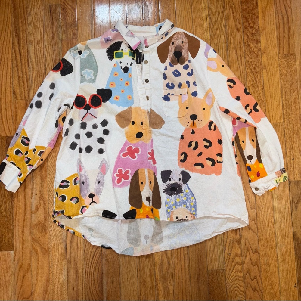 Colorful Dog Print Button-Up Shirt